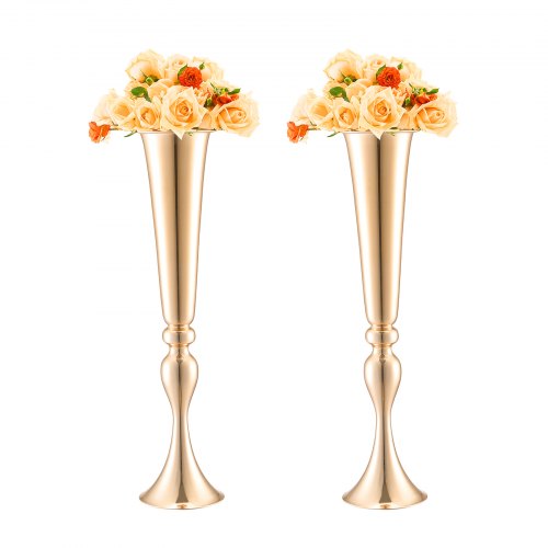 Gold metal trumpet flower vases, 22 inches tall, with a sleek design for elegant displays.