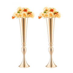 Gold metal trumpet flower vases, 22 inches tall, with a sleek design for elegant displays.