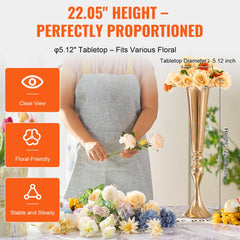 Gold metal trumpet flower vases, 22 inches tall, with a sleek design and stable base.