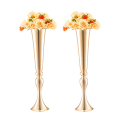 Tall gold metal trumpet flower vases, 22 inches, with a sleek design for elegant displays.
