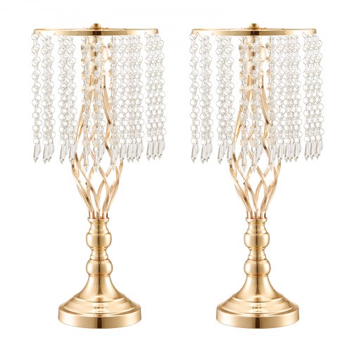 Pair of 19.3-inch gold crystal vase stands with spiral bases and dangling beads.