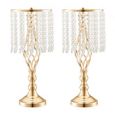 Pair of 19.3-inch gold crystal vase stands with spiral bases and dangling beads.