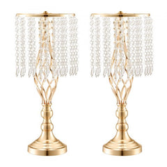Pair of 19.3-inch gold crystal vase stands with spiral bases and dangling beads.