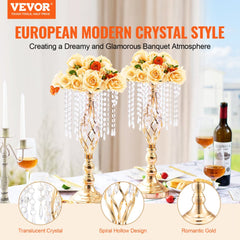 Pair of 19.3-inch gold crystal spiral vase stands with translucent cowel, holding yellow rose bouquets on a banquet table.