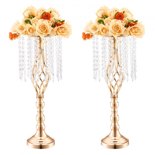 Two 21.65-inch French gold crystal flower vase stands with peach and orange roses.