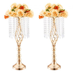 Two 21.65-inch French gold crystal flower vase stands with peach and orange roses.
