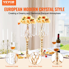 Two 21.65-inch French gold crystal vase stands with spiral hollow design and translucent cowrie accents for wedding flowers.