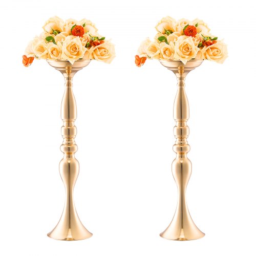 Gold metal wedding flower vase stand, 19.7 inches tall, suitable for floral arrangements.
