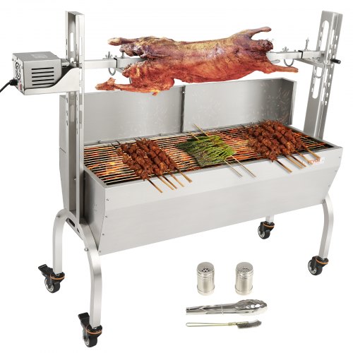 Stainless steel rotisserie grill with a 132 lb capacity for roasting whole pigs, lambs, or chickens.