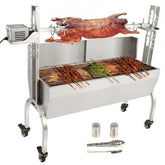 Stainless steel rotisserie grill with a 132 lb capacity for roasting whole pigs, lambs, or chickens.