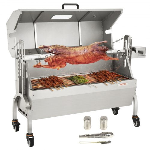 Stainless steel rotisserie grill for roasting pigs, lambs, or chickens with adjustable height.