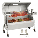 Stainless steel rotisserie grill for roasting pigs, lambs, or chickens with adjustable height.