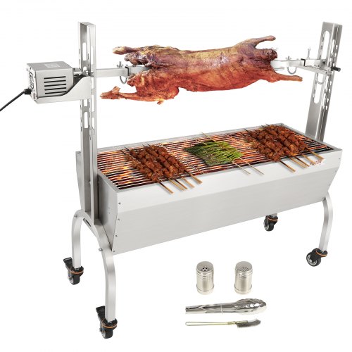 Stainless steel rotisserie grill for whole pigs, lambs, and chickens with adjustable height.