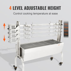 Stainless steel rotisserie grill with 90 lbs capacity for whole pigs, lambs, or chickens.