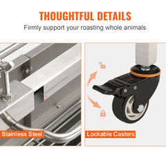 Stainless steel rotisserie grill with 90 lbs capacity for whole pigs, lambs, or chickens.