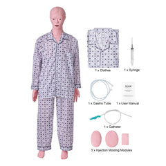 Life-size male nursing training manikin with realistic anatomy and flexible joints for procedures.