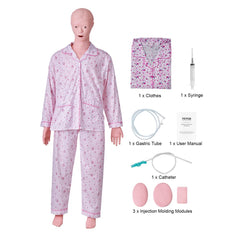 Life-size female nursing training manikin with realistic PVC anatomical features and flexible joints.