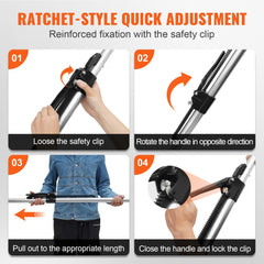 Four-panel diagram showing ratcheting cargo bar adjustment: loosen clip, rotate handle, pull length, lock clip.