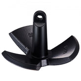 Black vinyl-coated cast iron anchor with a mushroom shape and three claws for secure holding.