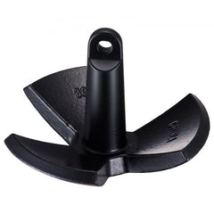 Black vinyl-coated cast iron anchor with a mushroom shape and three claws for secure holding.
