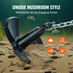 Black vinyl-coated cast iron river anchor with a mushroom shape and three claws for grip.