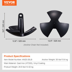 Black vinyl-coated cast iron anchor with a mushroom shape and three claws for secure holding.