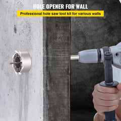 Bostome concrete hole saw kit with 30-100mm sizes and SDS Plus shank in use on wall.