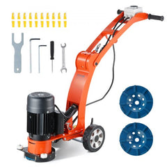 Orange 7-inch electric concrete floor grinder with adjustable handle, diamond discs, and tools.