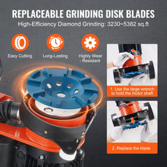 7-inch electric concrete floor grinder with blue diamond grinding disk and replacement instructions.