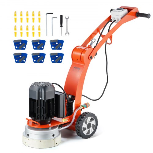 An orange walk-behind concrete floor grinder with a black motor and various grinding accessories.