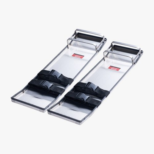 Stainless steel knee boards with adjustable straps, designed for concrete finishing tasks.