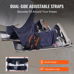Stainless steel knee boards with adjustable straps and rubber edge protection for concrete work.