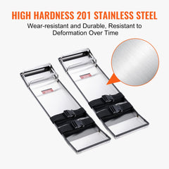 Stainless steel concrete knee boards with adjustable straps and rubber edge protection.