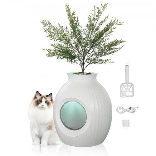 Plant-style cat litter box with artificial plant and curtain for discreet use.