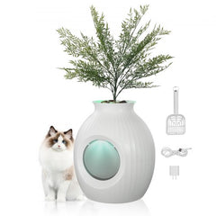 Plant-style cat litter box with artificial plant and curtain for discreet use.