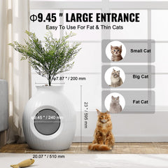 Bostome odor-free hidden cat litter box with artificial plant and door curtain for discreet use.