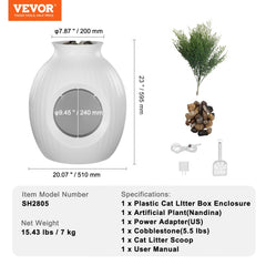 Plant-style cat litter box with artificial plant and curtain for discreet use.