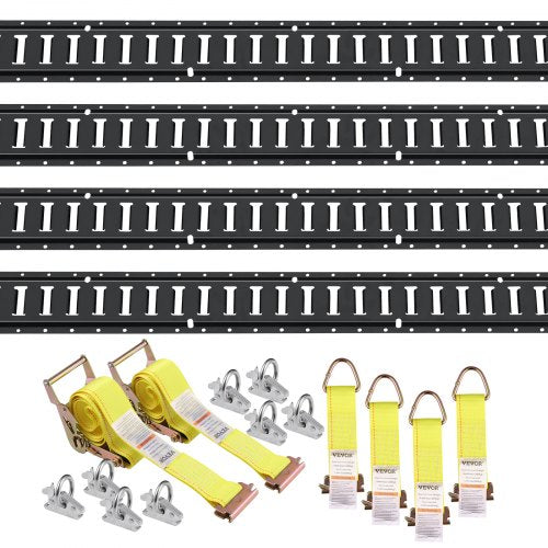 Bostome E-Track Tie-Down Rail Kit: 5ft black rails, yellow straps, O-rings, D-rings, and hardware.