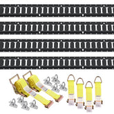 Bostome E-Track Tie-Down Rail Kit: 5ft black rails, yellow straps, O-rings, D-rings, and hardware.