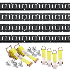 Bostome E-Track Tie-Down Rail Kit: 5ft black rails, yellow straps, O-rings, D-rings, and hardware.