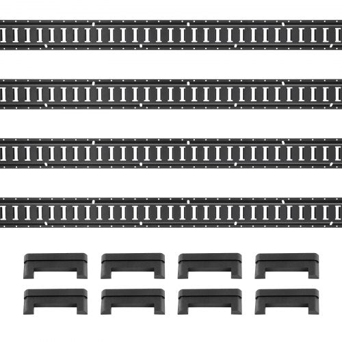 Four 2-foot black steel E-Track rails with slots and mounting brackets.