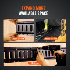 Four 2-foot steel E-track tie-down rails with slots, shown in wall, floor, and bolt-on mounts.