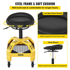 Yellow SKYSHALO rolling garage stool with steel frame, soft black cushion, low-back rest, adjustable height, and locking casters.