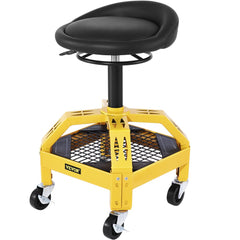 Yellow adjustable-height rolling garage stool with black padded seat, wire storage tray, and locking casters.
