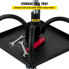 Bostome rolling garage stool with adjustable height, 300 lbs capacity, and integrated storage tray.