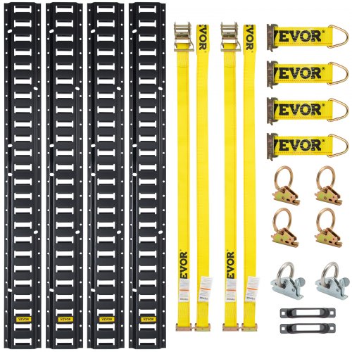 Bostome E-Track Tie-Down Rail Kit with four 5ft steel rails, yellow straps, O-rings, and hardware.