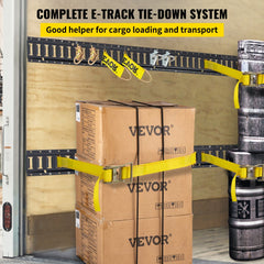 E-Track tie-down rail kit with 18 pieces including 5ft steel rails securing boxes and barrels in a trailer.