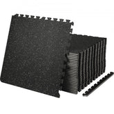 Black interlocking gym floor mats made of EVA foam and rubber, 0.56 inches thick.