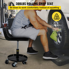 Rolling garage stool with adjustable height, padded seat, and tool tray for mechanics.