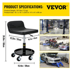 Skyshalo Rolling Garage Stool with adjustable height, padded seat, and tool tray for mechanics.